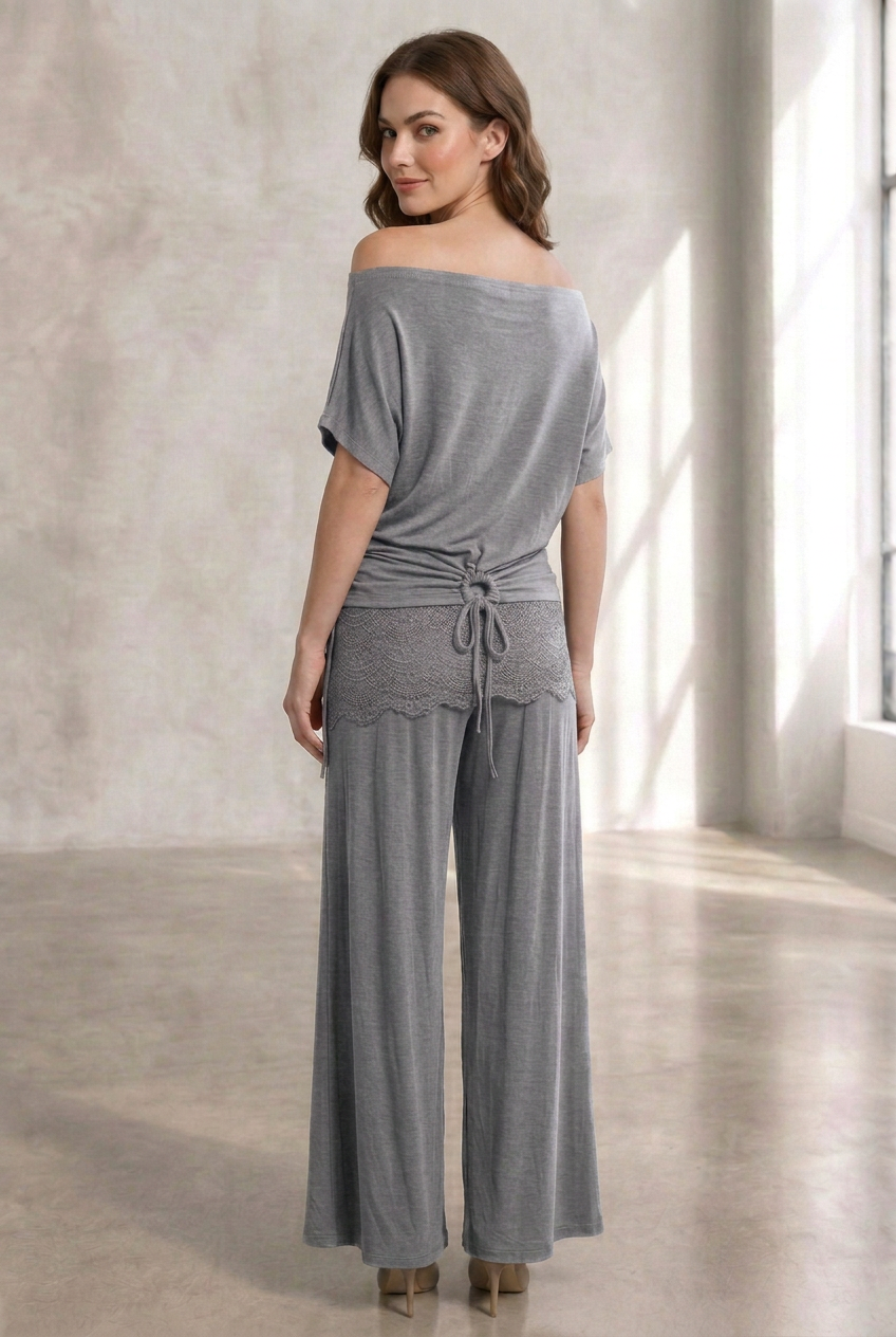 Back-view model wearing the outfit in gray