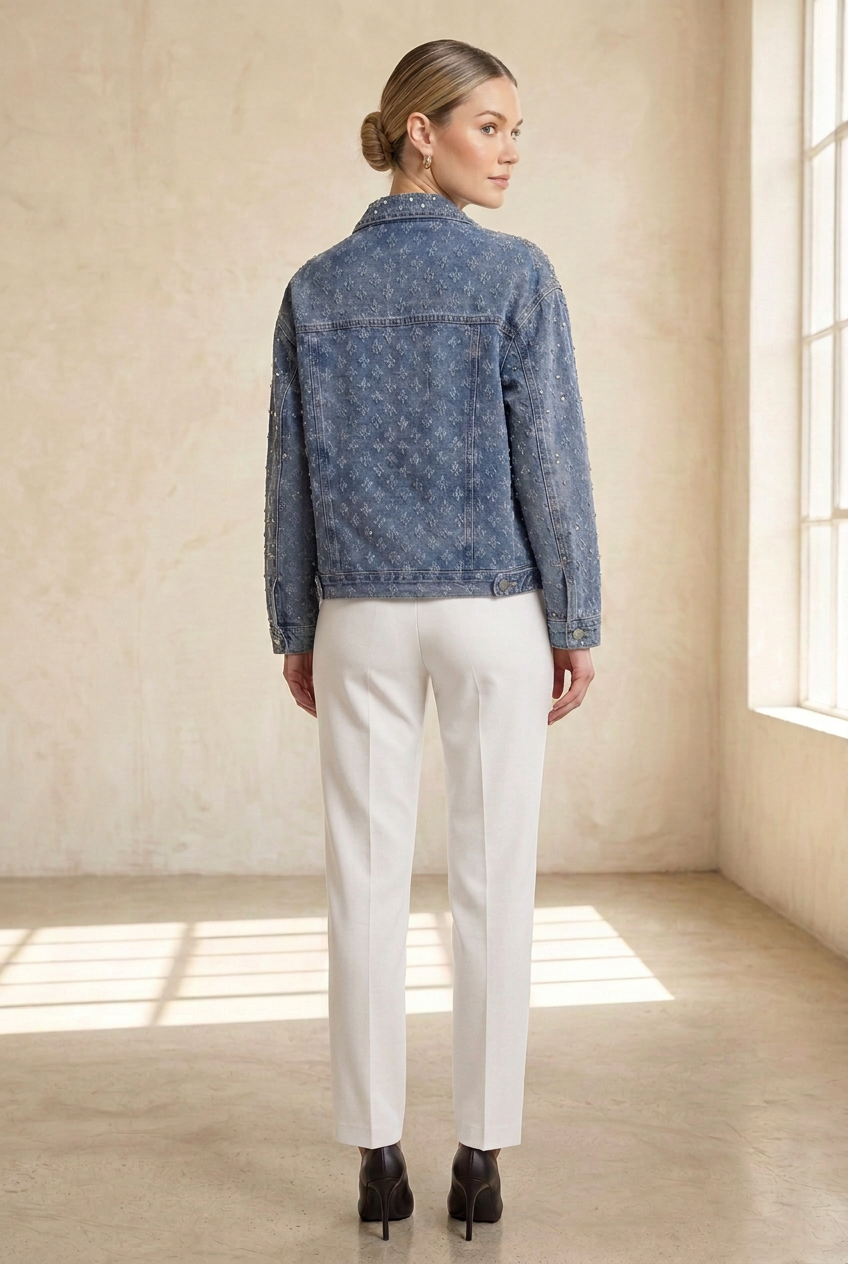 Back view of the denim jacket styled with white trousers