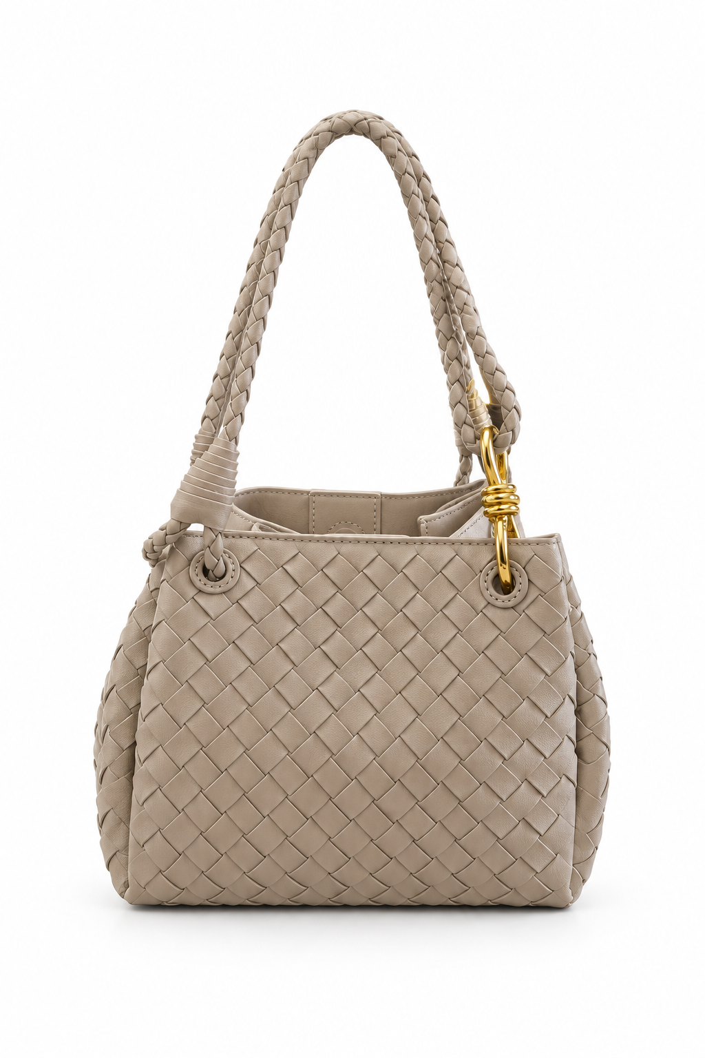 Beige woven handbag on a plain white background