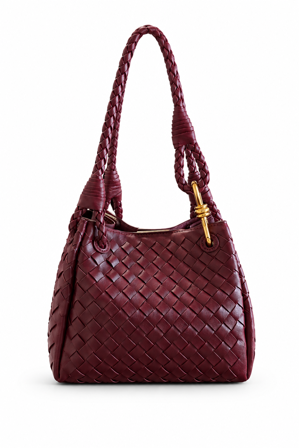 Burgundy woven handbag on a plain white background