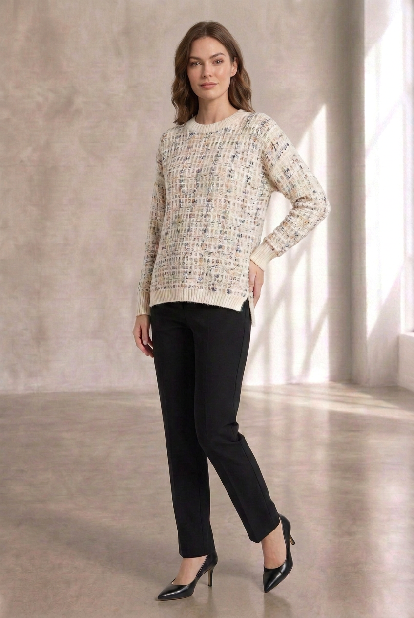 Cream sweater outfit with your reference model