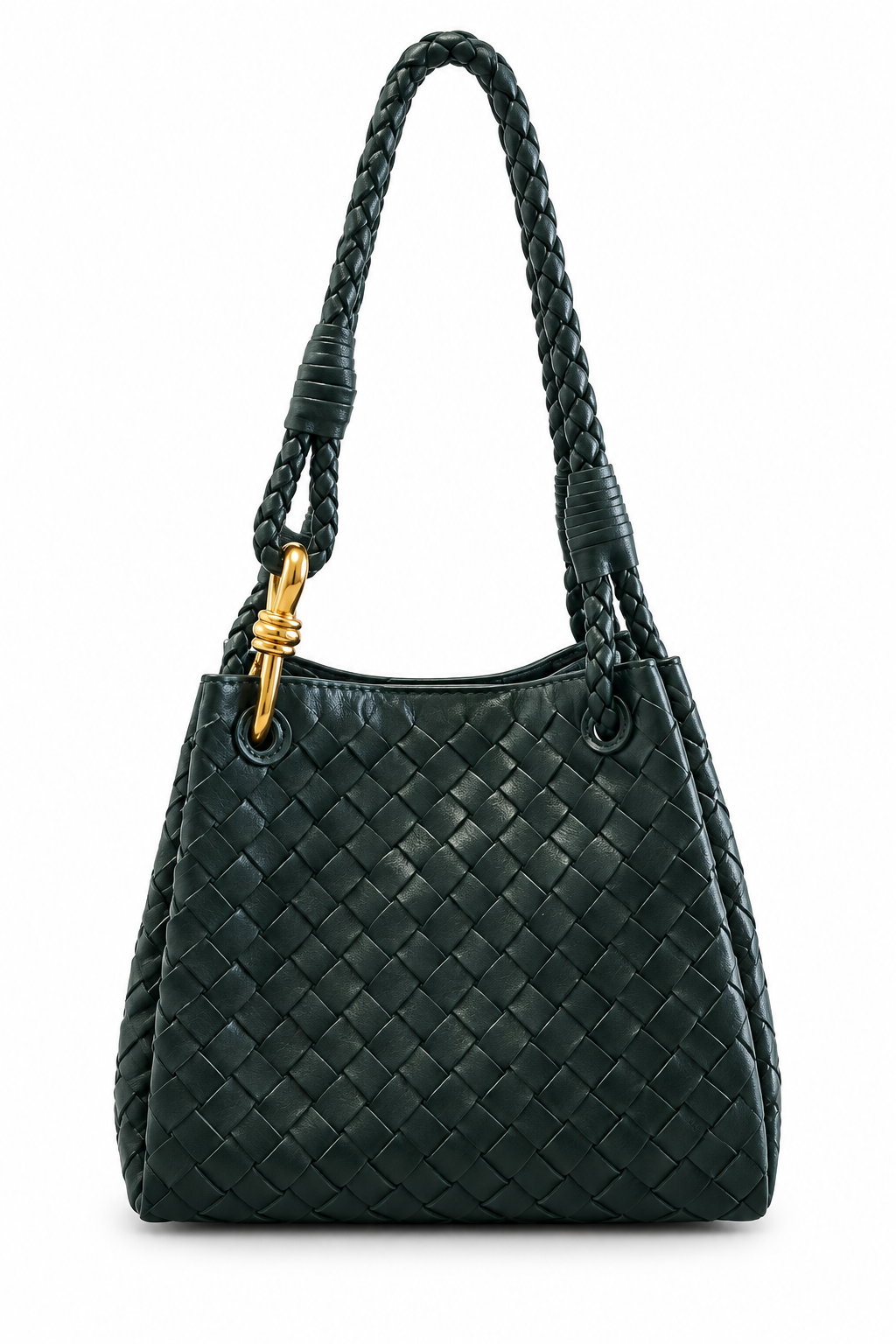 Dark woven handbag on a plain white background