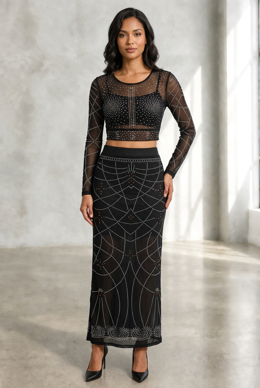 Different model wearing the spiderweb set in the studio background