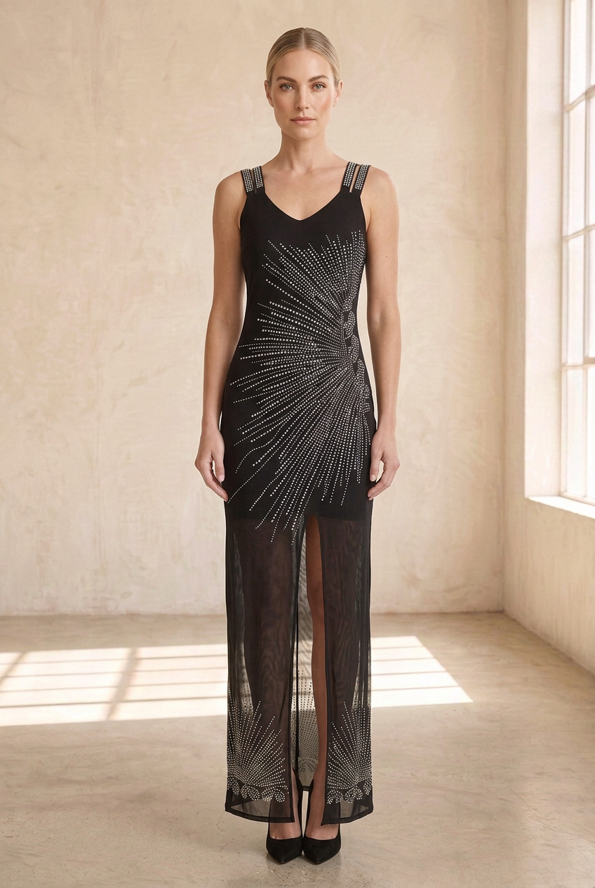 Front view of the silver-detail dress on the same model in your studio
