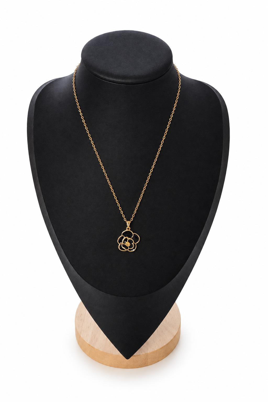 Gold-tone floral pendant necklace on a plain white background