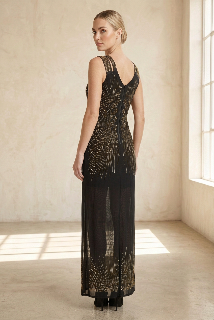 Model looking over her shoulder while showing the back of the dress