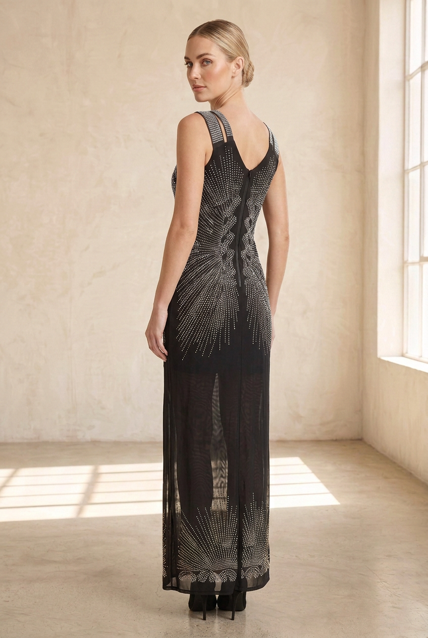 Same model wearing the silver-detail dress, looking back over her shoulder